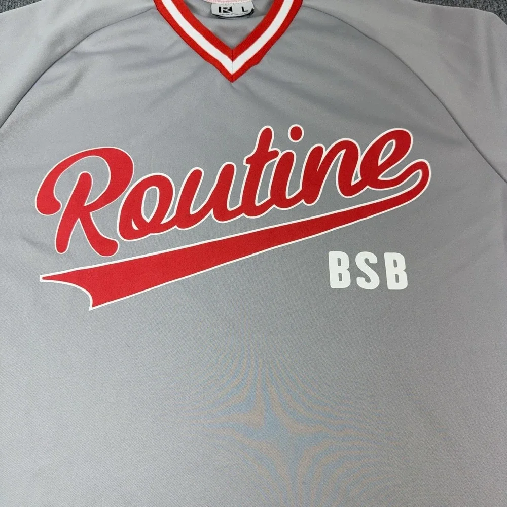 Routine Baseball Shirt Mens Large Gray BSB V Neck Jersey Raglan Short Sleeve Tee